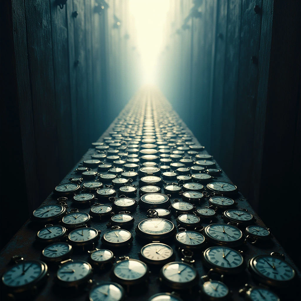 The image features a long, narrow corridor lined with numerous pocket watches arranged in neat rows. Cool tones of blue and gray dominate the scene, contrasted by the warm metallic sheen of the watch casings and the off-white clock faces. A bright light source emanates from the distant end of the corridor, creating a strong linear perspective and casting shadows that recede into darkness along the textured wooden walls.