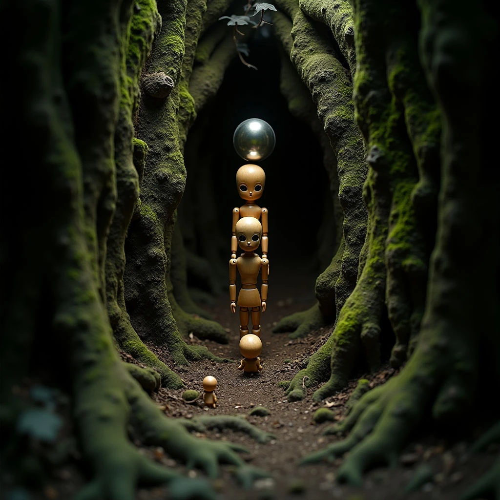 The image features a narrow pathway flanked by dark, textured tree trunks covered in green moss, leading into shadowed depths. Three wooden figures of varying sizes are positioned along the path – one small figure at the foreground, a medium-sized stacked figure, and a spherical head atop the stack. Light appears to be focused on the central figures, contrasting with the surrounding darkness and highlighting the smooth wood grain against the rough bark texture.