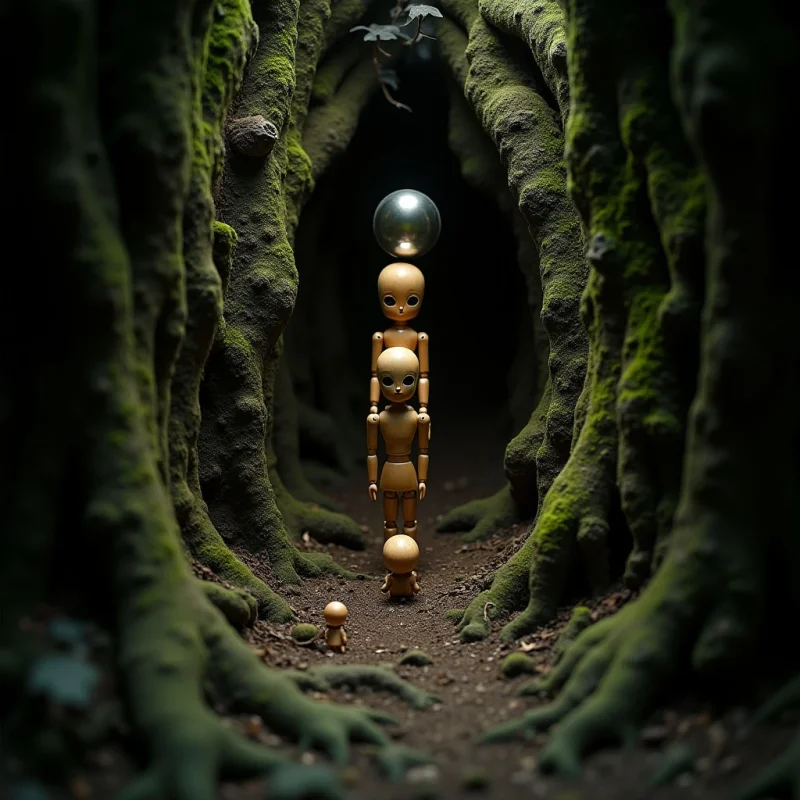The image features a narrow pathway flanked by dark, textured tree trunks covered in green moss, leading into shadowed depths. Three wooden figures of varying sizes are positioned along the path – one small figure at the foreground, a medium-sized stacked figure, and a spherical head atop the stack. Light appears to be focused on the central figures, contrasting with the surrounding darkness and highlighting the smooth wood grain against the rough bark texture.