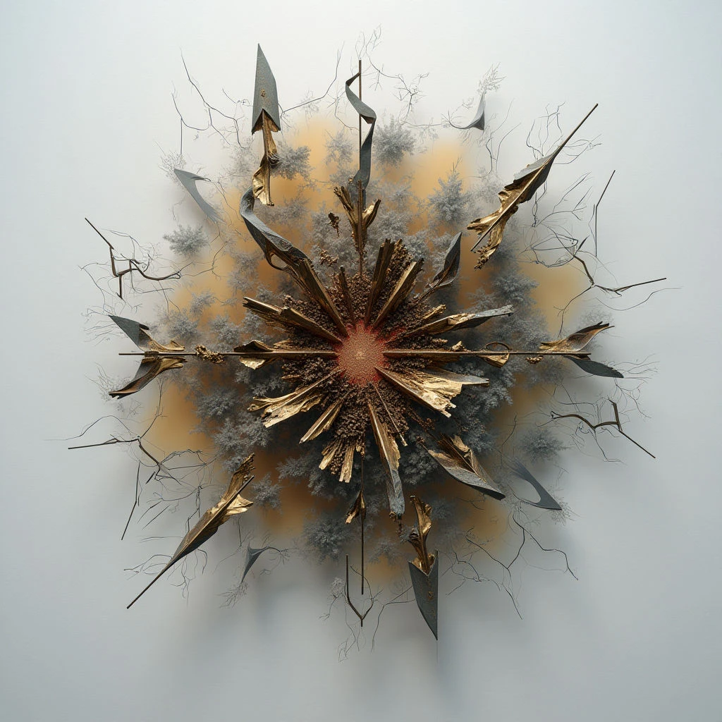 A burst of fragmented gold and grey shapes radiates outwards from a dark central core, resembling an exploding star or thorny flower. Delicate, branching lines extend beyond the main form, creating a sense of chaotic energy against a pale background. The overall impression is both beautiful and slightly menacing, like something organic yet fractured.