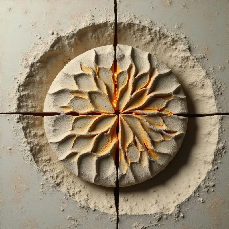A circular, petal-like object in cream and pale gold tones sits centered within a ring of fine, sandy powder on a segmented beige surface. The central form features deep, rhythmic grooves that catch warm light, creating high-contrast shadows between its raised ridges. Symmetrical lines divide the composition into quadrants, establishing a structured relationship between the textured center and the surrounding granular circle.
