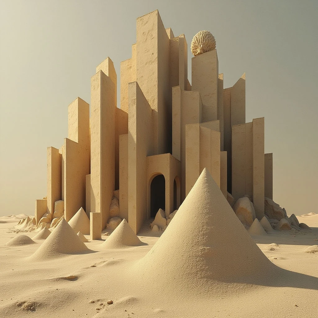 The image features a predominantly beige and tan color palette, with variations in shade suggesting texture on both architectural structures and surrounding sand dunes. Rectangular forms of varying heights dominate the central composition, contrasted by numerous conical shapes rising from a flat, expansive plane. Soft, diffused light casts subtle shadows, indicating a low sun angle and creating depth within the scene while minimizing strong contrast between foreground and background elements.