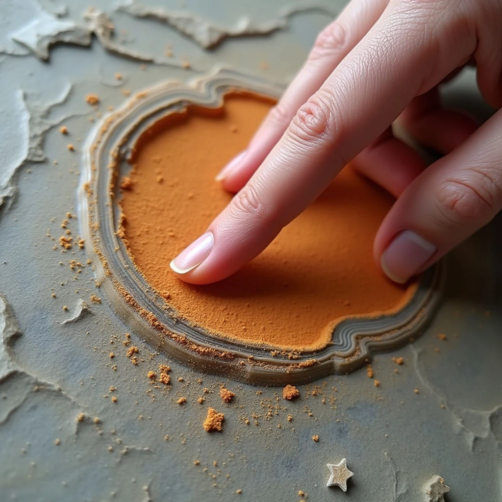 The image features a predominantly earthy color palette of muted grays and warm oranges, with varying shades creating depth. A central circular form filled with fine orange powder is surrounded by layered rings of similar tones against a rough, textured gray background. A pale hand enters the frame from the upper right, lightly touching the orange surface, establishing a close spatial relationship between the figure and the object.