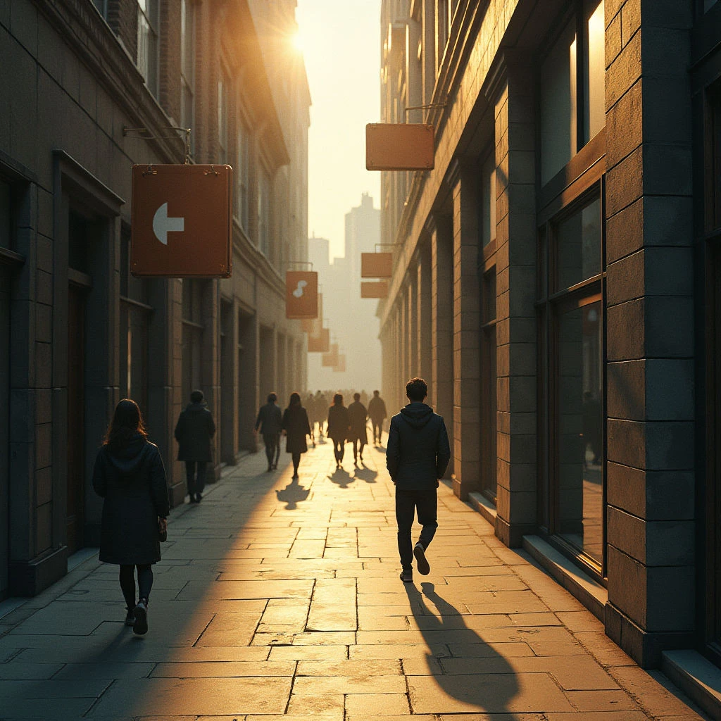 The image depicts a narrow city street lined with tall buildings constructed of textured stone and brick. Warm golden light streams down the center of the path, creating long shadows from figures walking away from the viewer towards a hazy distant skyline. Rectangular shapes dominate – building facades, signs hanging above the walkway, and paving stones – while people appear as darker, simplified forms within the space.
