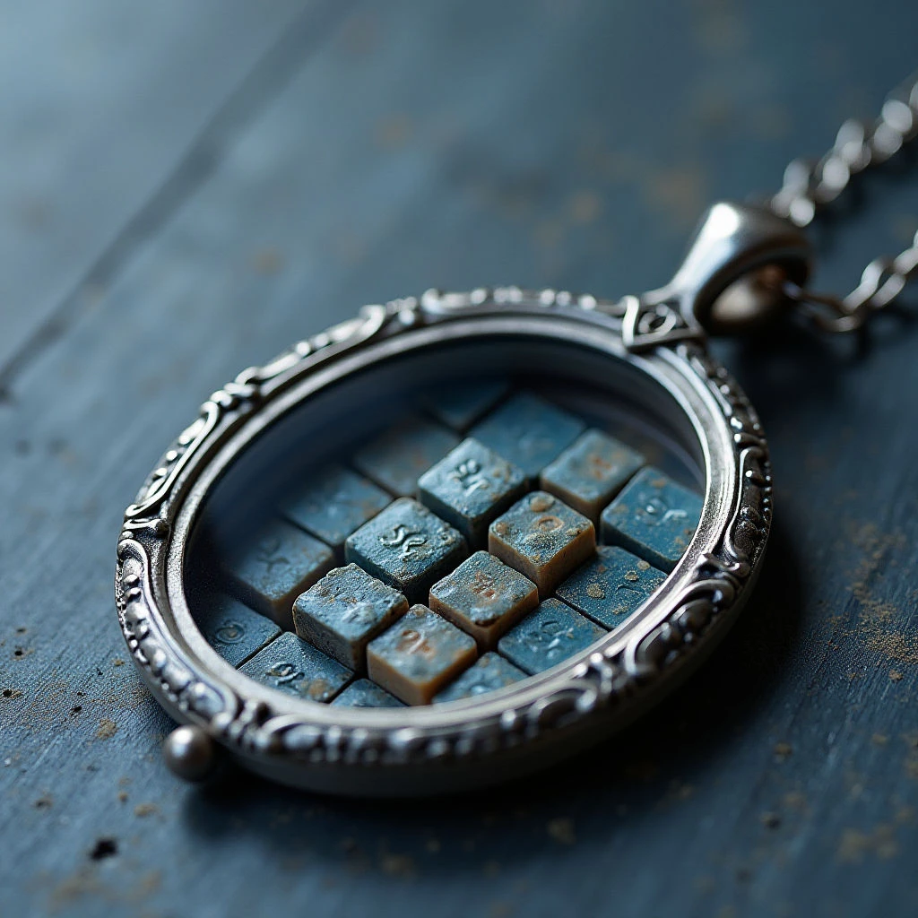 The image features a circular pendant with a textured surface composed of small, square tiles in shades of teal and brown, set within an ornate silver frame. Light reflects unevenly across the tile surfaces and the polished metal, creating highlights and shadows that emphasize their dimensionality. The pendant rests on a dark blue wooden surface, slightly out of focus, establishing depth and positioning it as the primary subject.