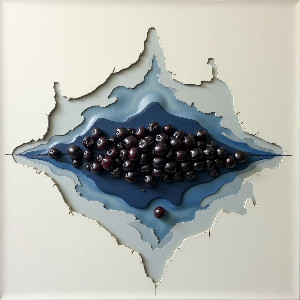 A cluster of dark purple blueberries rests within a roughly diamond-shaped indentation in an off-white surface. The indentation is layered with shades of blue, creating a smooth, glossy texture that contrasts with the matte finish of the surrounding area and irregular edges of the cut-out shape. Soft, diffused light highlights the rounded forms of the berries and subtle variations in color within the blue layers, suggesting depth despite the largely flat spatial arrangement.