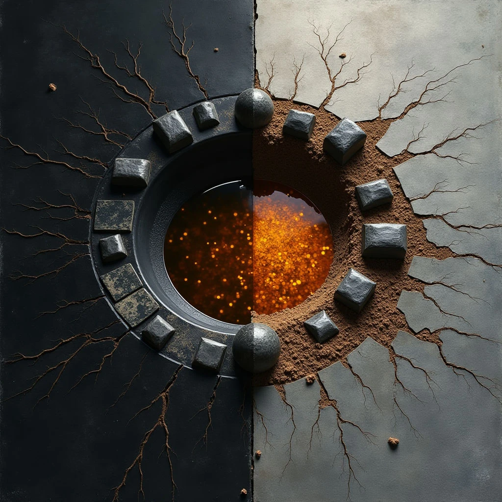The image is divided vertically into dark and light halves, each with a cracked texture spreading from a central circular opening. A ring of stone blocks surrounds the hole, which contains an orange glowing substance visible through liquid; scattered debris lies on both surfaces. Light emanates strongly from within the circle, creating highlights around the edges and casting subtle shadows across the surrounding planes.
