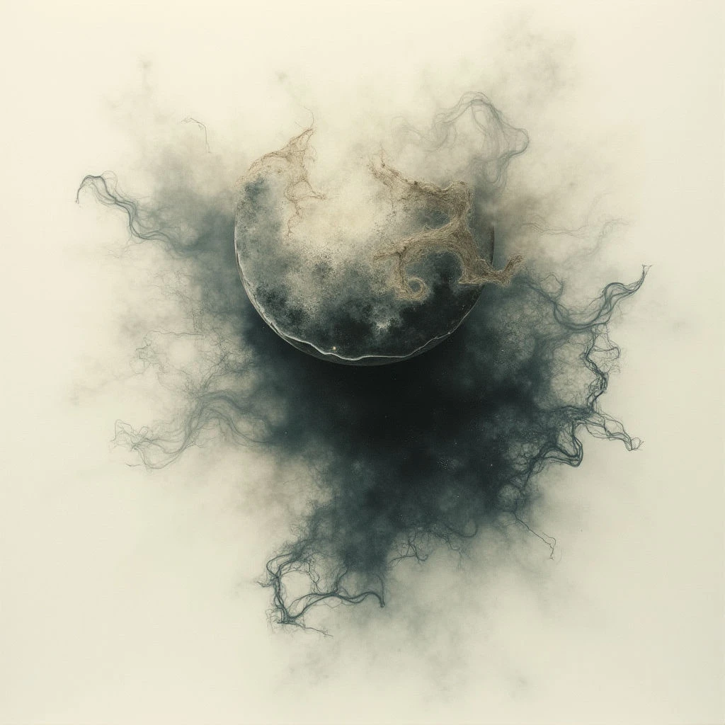 A dark, textured sphere dominates the center of a pale background, appearing to both absorb and emit shadowy tendrils. Wispy, almost root-like structures extend outwards from the sphere, fading into a diffuse cloud that surrounds it. The overall effect is ethereal and slightly unsettling, like something organic emerging from or dissolving into nothingness.