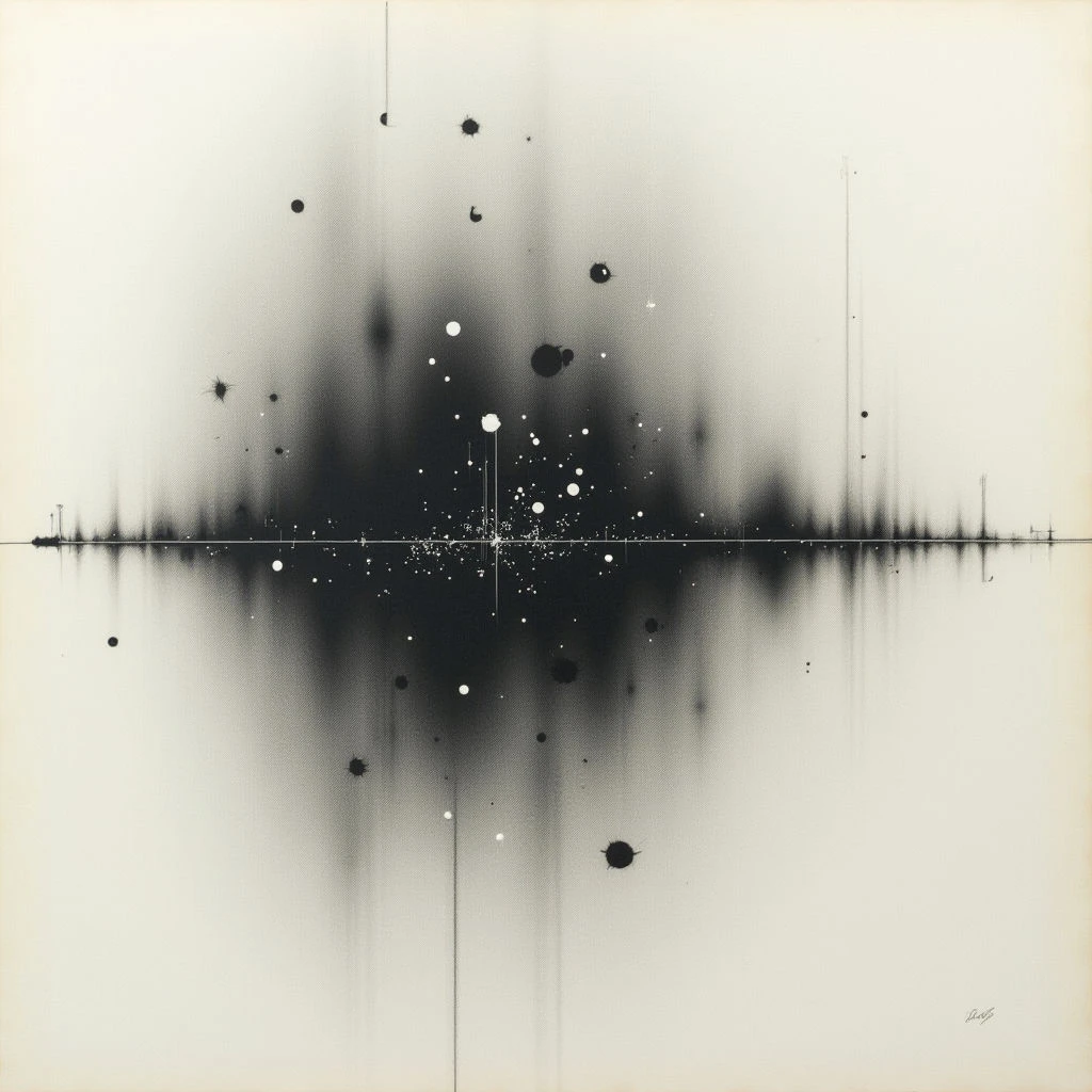 A dark, jagged line bisects a pale background, resembling a distant horizon or sound wave. Above and below the line are scattered dots of varying sizes and faint, blurred shapes that suggest stars or particles in motion. Two thin vertical lines extend from either side of the central darkness, adding to the sense of scale and symmetry.