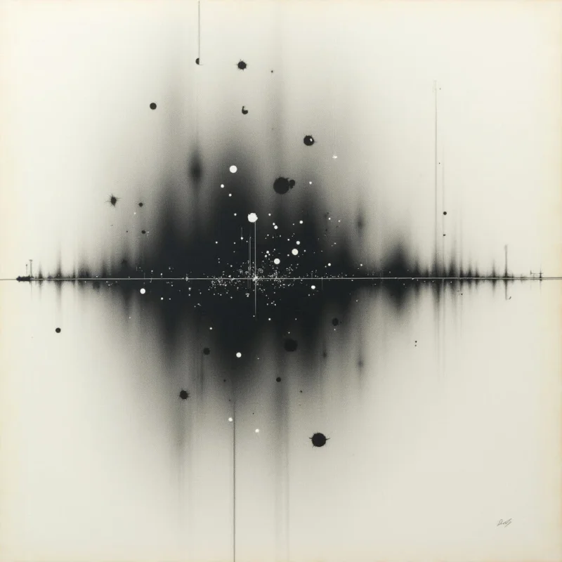 A dark, jagged line bisects a pale background, resembling a distant horizon or sound wave. Above and below the line are scattered dots of varying sizes and faint, blurred shapes that suggest stars or particles in motion. Two thin vertical lines extend from either side of the central darkness, adding to the sense of scale and symmetry.