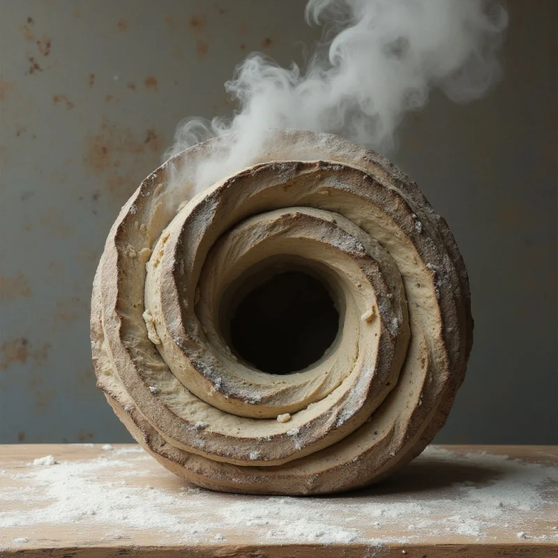 A large, spiral-shaped loaf of bread sits on a wooden surface dusted with white flour against a muted grey background. The bread features concentric, layered textures in shades of beige and toasted brown, with wisps of white steam rising from its center. Soft light illuminates the scene, emphasizing the circular geometry of the loaf and the contrast between the textured crust and the smooth, hazy vapor.