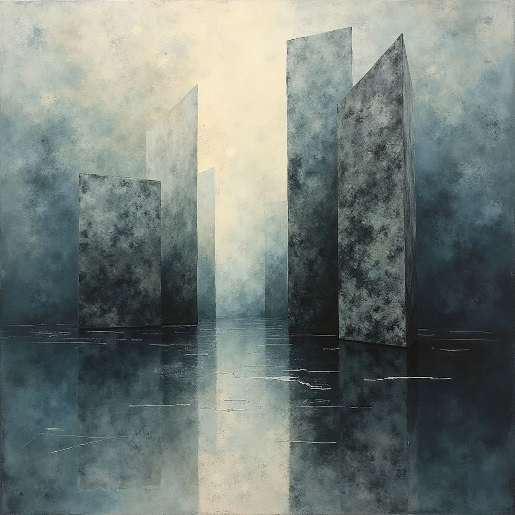 Tall, dark rectangular structures rise from a still body of water, their textured surfaces suggesting age or decay. A bright light source emanates from between the central columns, creating a hazy glow and sharp reflections on the water’s surface. The overall mood is somber and atmospheric, with muted blues and grays dominating the scene.