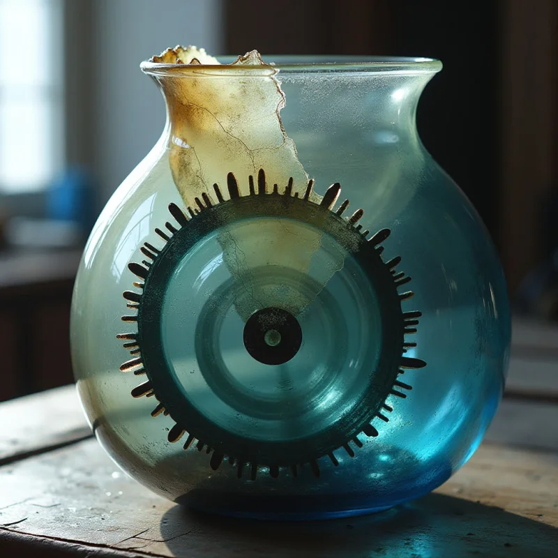 The image features a rounded glass vessel in shades of blue and teal, with an irregular, chipped opening revealing a rough, tan interior. Light passes through the glass, creating highlights and shadows that emphasize its curved form and a circular pattern embedded within the lower portion. The vase sits on a dark wooden surface, casting a soft shadow and establishing a clear foreground-background relationship.