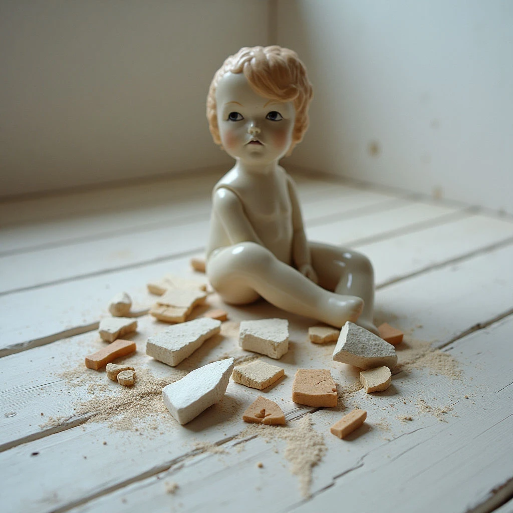 The scene is dominated by pale tones of cream and beige, with a porcelain doll figure seated amongst fragments of broken pottery. The texture contrasts smooth, polished surfaces of the doll against the rough edges of shattered ceramic and fine dust particles scattered across a wood plank floor. Soft, diffused light illuminates the composition, casting gentle shadows and emphasizing the spatial relationship between the intact doll and its fragmented counterpart directly in front of it.