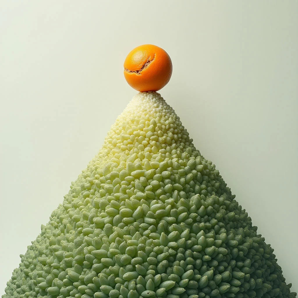 The image features a conical pile of small, rounded green objects transitioning to lighter shades towards the apex, upon which rests a single orange with a bite taken out of it. The texture is highly granular and uniform across the cone, contrasting with the smoother surface of the fruit; light appears soft and diffused, creating minimal shadows. The spatial arrangement centers on the verticality of the pile and the balanced placement of the orange at its peak against a pale background.
