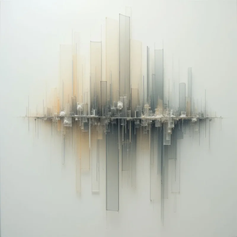A sprawling cityscape appears suspended within a hazy, white space. The buildings are constructed from translucent materials—glass and amber-toned blocks—and seem to be partially submerged or dissolving into the surrounding fog. Small, spherical shapes dot the skyline like clouds amidst the geometric structures.