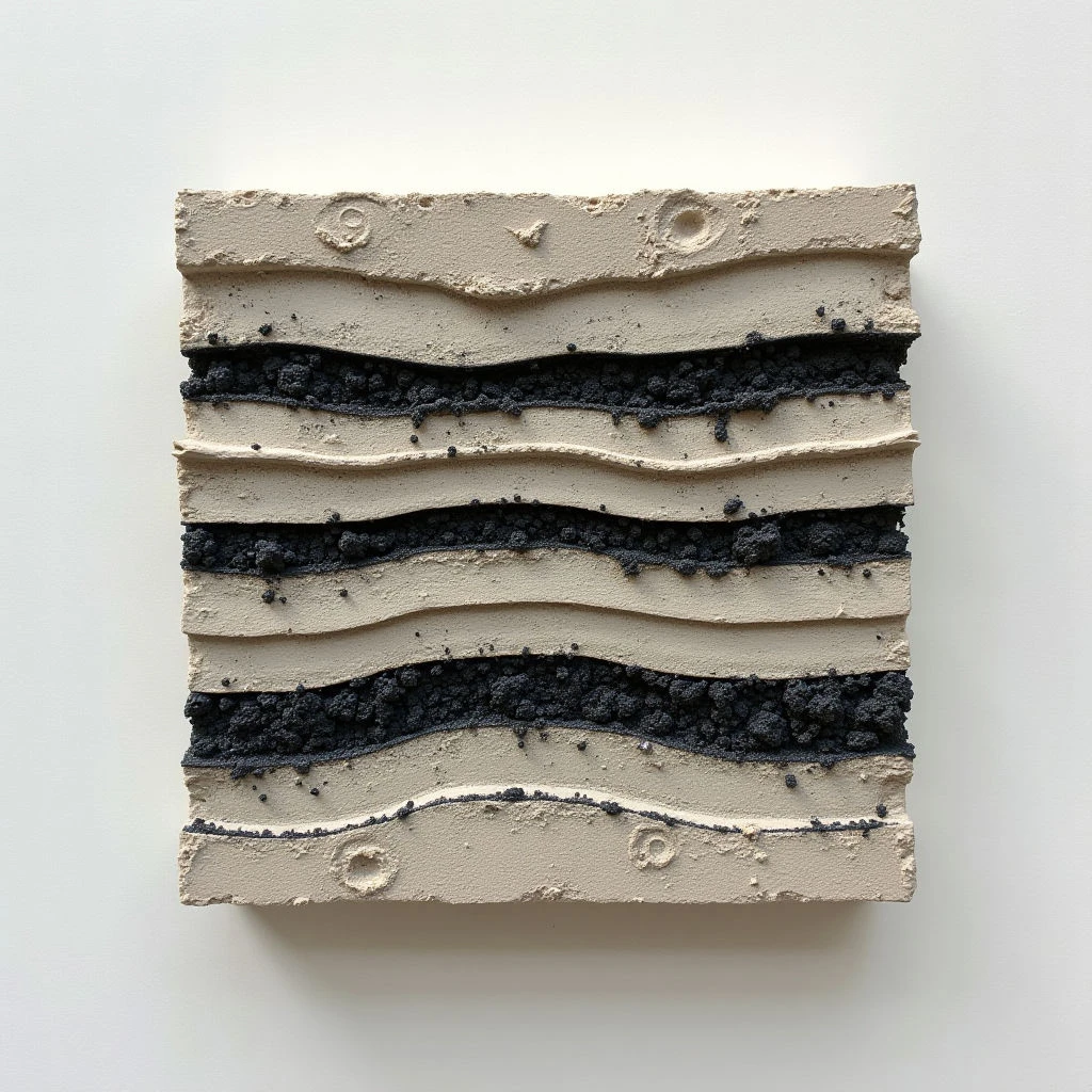 The image depicts a roughly square, textured surface with alternating bands of pale beige and dark gray material. The layers are horizontally oriented and unevenly wavy in shape, creating a stratified effect reminiscent of geological formations. Light appears to be coming from above, casting subtle shadows that emphasize the relief and granular texture of each band.