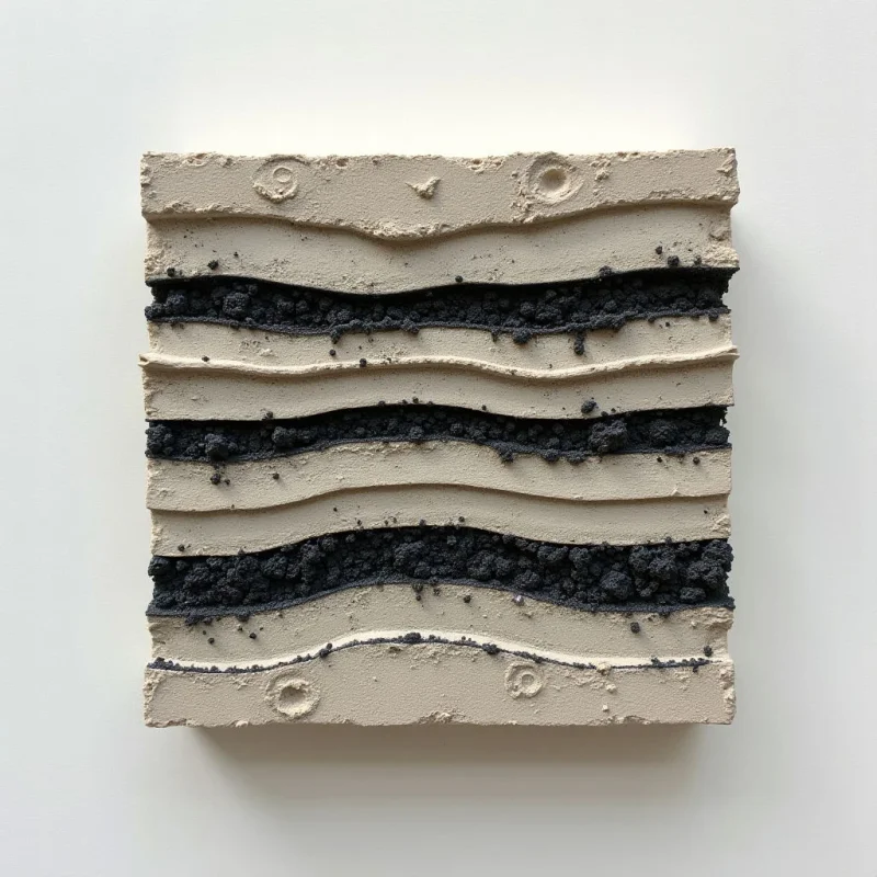 The image depicts a roughly square, textured surface with alternating bands of pale beige and dark gray material. The layers are horizontally oriented and unevenly wavy in shape, creating a stratified effect reminiscent of geological formations. Light appears to be coming from above, casting subtle shadows that emphasize the relief and granular texture of each band.