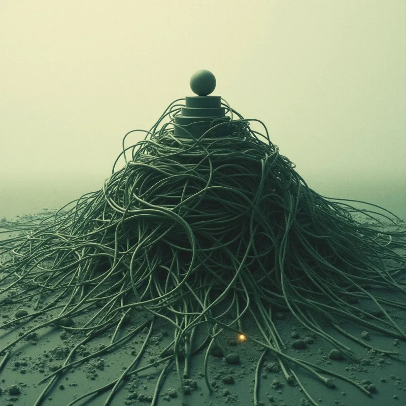 A central mound of tangled, tube-like strands rises from a textured, granular surface toward a stack of smooth discs topped by a single sphere. The composition uses a monochromatic pale green palette with soft, diffused lighting that creates subtle shadows within the dense mass of lines. The spherical and disc shapes at the apex provide geometric contrast to the chaotic, flowing texture of the long, winding forms below.