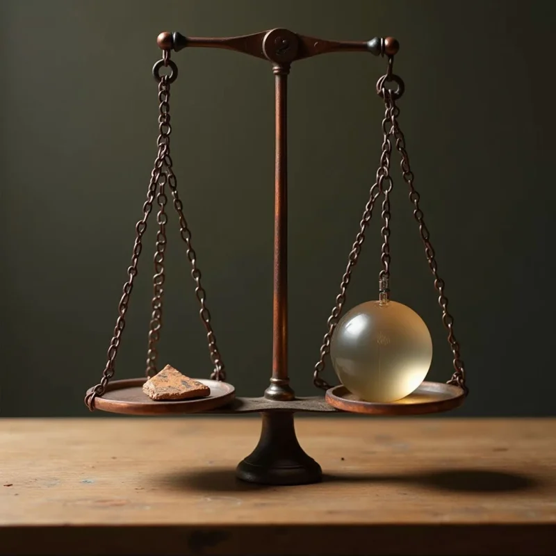 A dark bronze balance scale sits centered on a textured wooden surface against a muted olive background. On the left pan rests a small, irregular triangular fragment with a rough, earthy texture, while the right pan holds a smooth, luminous sphere that glows with soft internal light. The composition uses warm, low-key lighting to create deep shadows and highlight the contrast between the matte metal and the translucent orb.