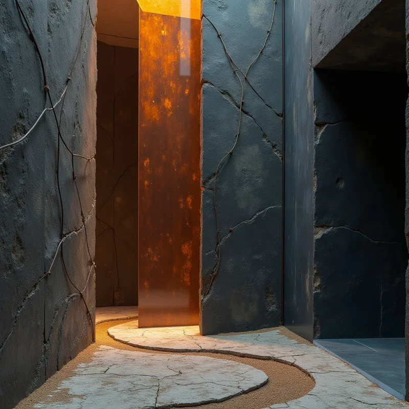Dark, textured gray walls with irregular cracks and thin wire accents frame a central vertical pillar of glowing amber and orange. A winding path of light-colored, cracked stone slabs meanders through sand toward the illuminated column. The composition uses high contrast between the shadowed, rugged surfaces and the warm, radiant light emanating from the center.