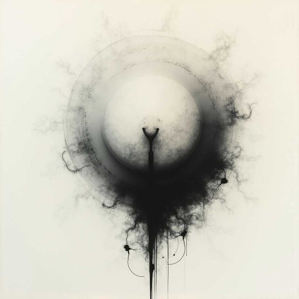 A large, pale circle dominates the center of the image, resembling a hazy moon or eye. Dark, branching tendrils extend downwards from its base like roots or shadows, contrasting sharply with the soft background. A faint circular outline surrounds the central shape, adding to the overall impression of something emerging from nothingness.