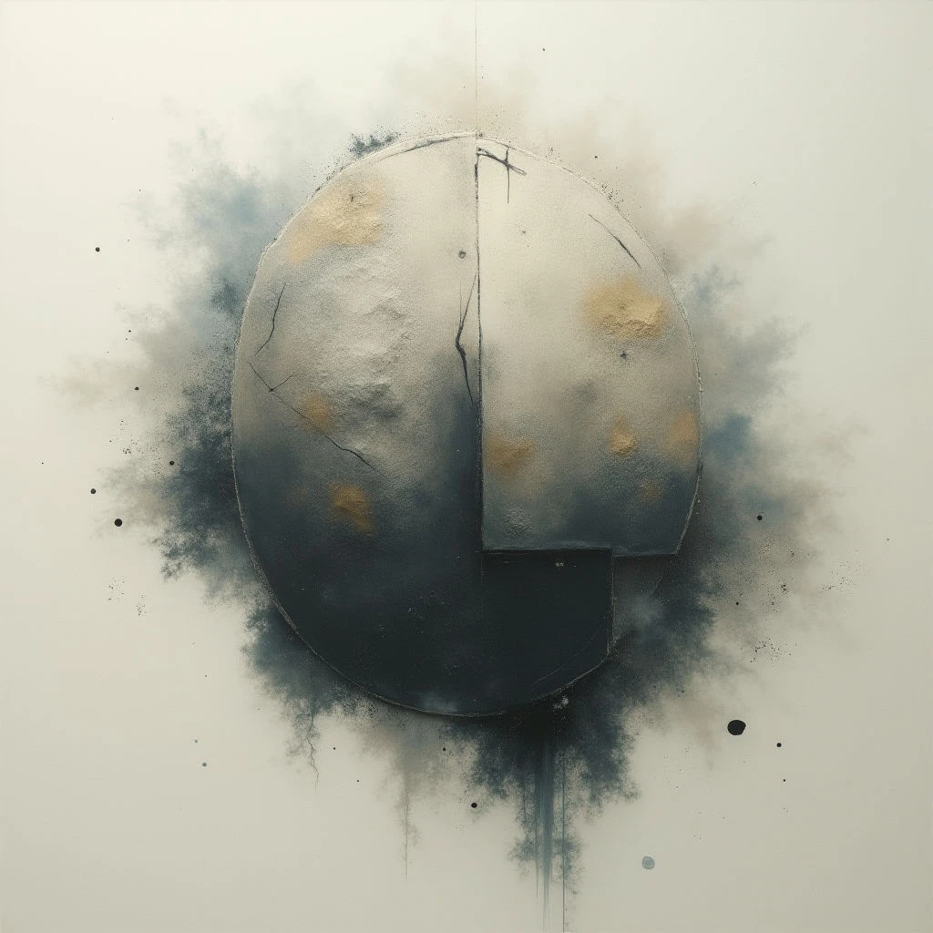 A fractured, circular form dominates a pale background, appearing like a broken planet or sphere. The upper portion is light grey with scattered gold flecks and cracks, while the lower section is dark blue-grey and sharply defined. A hazy cloud of grey smoke-like texture surrounds the shape, extending outwards with small splatters across the surface.