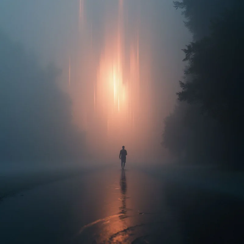 A lone figure walks down a dark, wet road into a thick fog. A warm, glowing light shines through the mist behind them, creating an ethereal and otherworldly atmosphere. Dense trees line the sides of the path, adding to the sense of isolation.