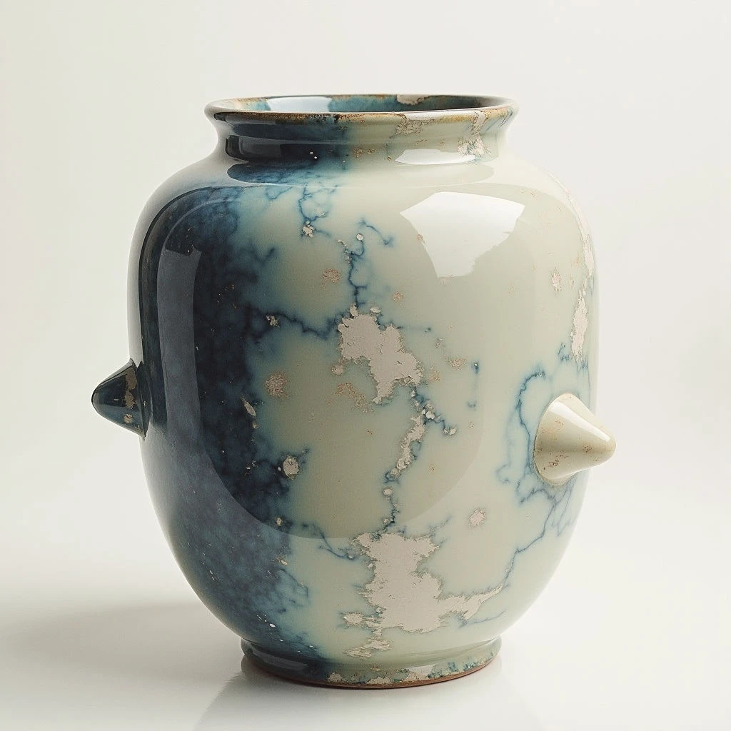 A rounded ceramic vase stands prominently against a pale background. The vessel is glazed in shades of blue and soft green, with mottled patterns resembling cracked ice or veins throughout the surface. Two small, horn-like protrusions extend from its sides near the top.