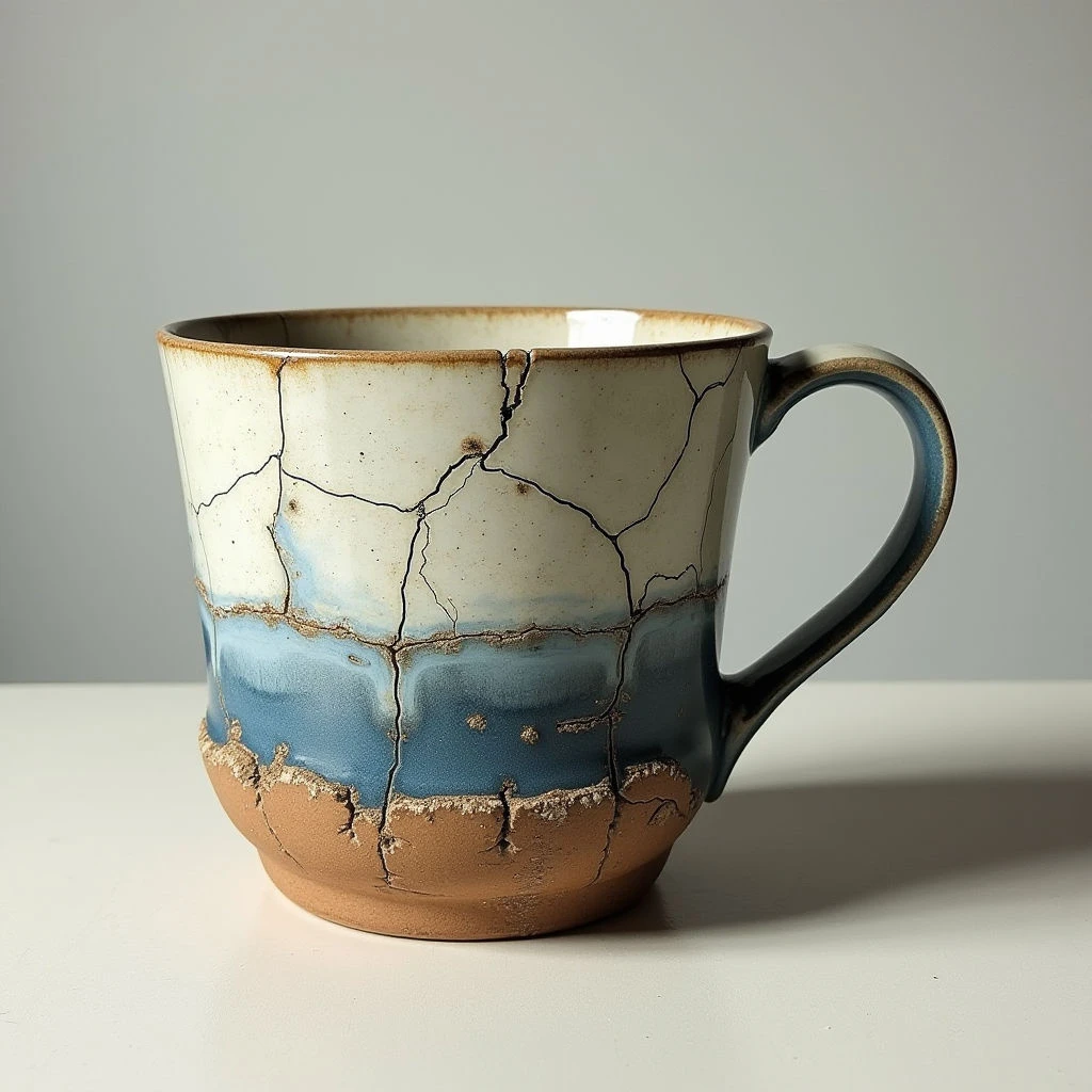 The object is a cylindrical mug with a wide base, featuring bands of tan, blue, and cream coloration separated by cracked glaze lines. The surface texture varies from smooth glazed areas to rough, unglazed clay at the base and rim, with speckled patterns throughout. Soft light illuminates the mug from the left, creating subtle shadows that define its form and placement on a flat, neutral-toned surface.