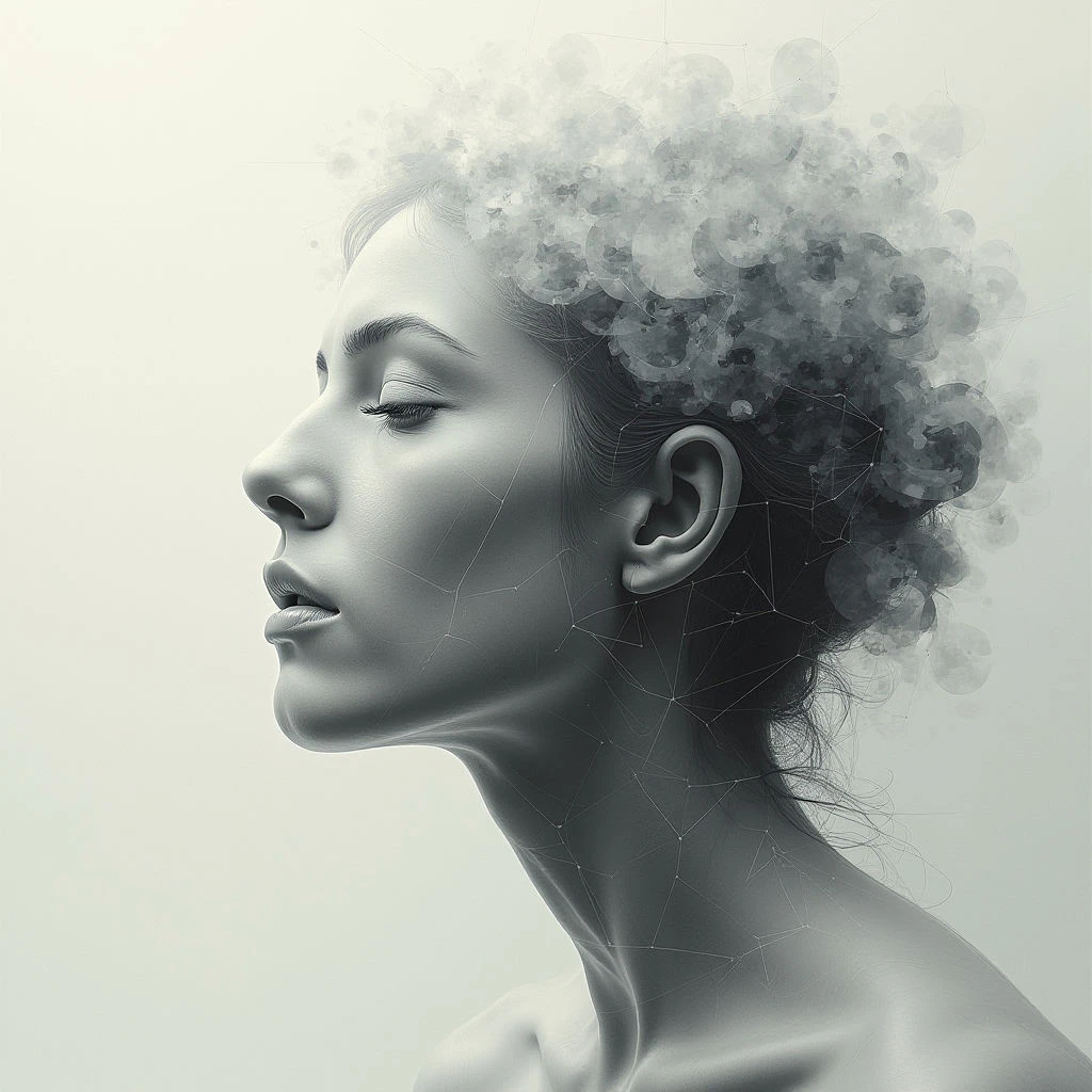 A woman’s face is shown in profile, her eyes closed and expression serene. Instead of hair, a cloud-like mass of smoke or particles rises from her head, fading into the background. Fine lines trace across her skin like a network, suggesting a digital or ethereal quality.