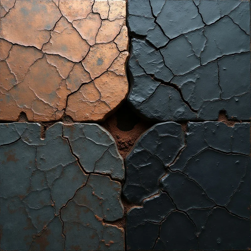 Four cracked rectangular blocks in shades of terracotta, charcoal, and dark slate are arranged in a grid pattern around a central void. The surfaces feature rough, matte textures with irregular, deep fissures running through each segment. Light falls evenly across the composition, highlighting the granular edges and the earthy material filling the gaps between the shapes.