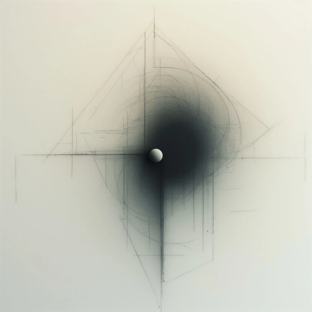 A dark, swirling vortex dominates the center of a pale background, seemingly pulling inward towards a small, bright sphere at its core. Fine lines radiate outward from the vortex and intersect with geometric shapes—squares and triangles—creating a sense of depth and controlled chaos. The overall impression is one of intense focus and abstract energy on a neutral field.