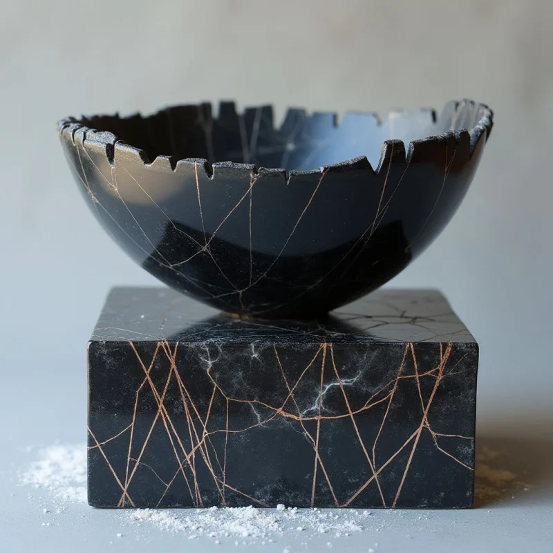A dark, polished black bowl with a jagged, irregular rim sits atop a matching rectangular block. Both objects feature thin, intersecting veins of light tan and white that create a web-like pattern across their smooth surfaces. The composition is set against a neutral grey background with soft lighting and scattered white powder at the base.