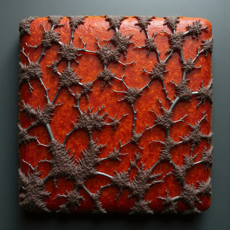The image features a roughly square panel with an orange-red base color and dark gray surroundings. A network of branching, twig-like structures covered in small, granular textures extends across the surface of the panel. Light appears to come from above, creating subtle shadows that emphasize the three-dimensional relief of the branches against the smoother background.