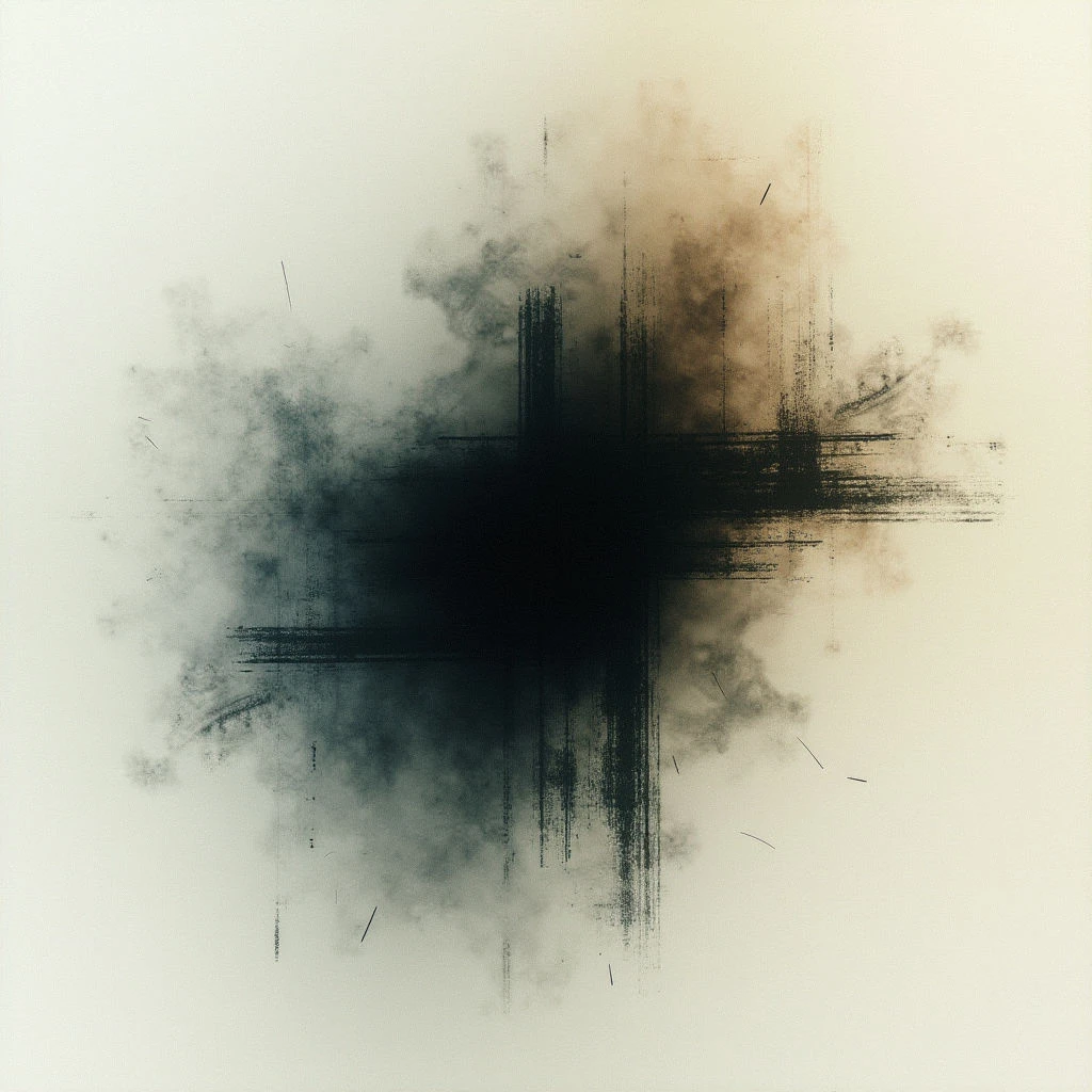 A dark, roughly cross-shaped mark dominates the center of an off-white surface. The mark appears textured and smudged, as if created with a brush or similar tool, fading outwards into lighter shades of gray and brown. Scattered thin lines extend from around the central shape, adding to the overall sense of movement and dispersion.