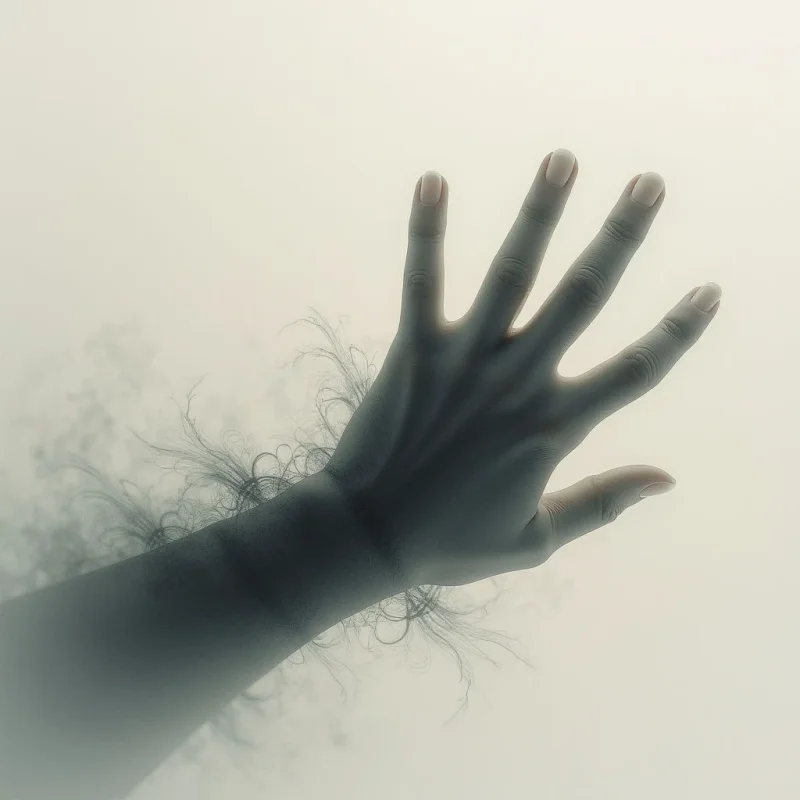 A pale hand extends upwards, fingers slightly curled, against a blurry, light grey background. Wisps of dark, thread-like shapes seem to emanate from the wrist and forearm, dissolving into the surrounding mist. The overall effect is ethereal and unsettling, hinting at something fading or emerging.