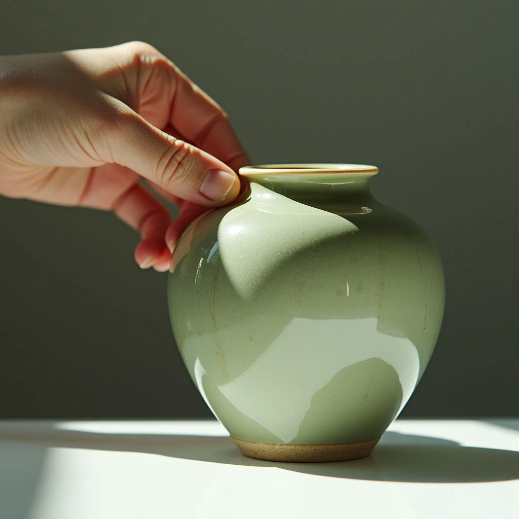The image features a muted palette of greens and tans, with a hand gently touching a small vase. The vase has a smooth, glossy texture contrasted by the rougher base, while the background is a solid, matte green tone. Strong directional light creates defined shadows on both the vase and the surface it rests upon, emphasizing rounded shapes and establishing depth within the close-up composition.