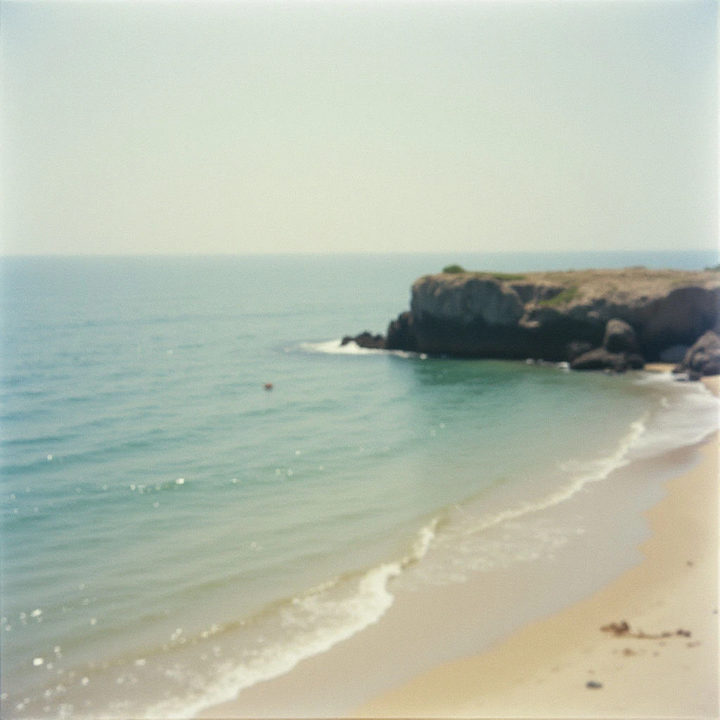 A gentle wave rolls onto a sandy beach under a pale sky. To the right, dark cliffs rise from the water, topped with sparse green vegetation. A small red object floats distantly in the clear, calm sea.