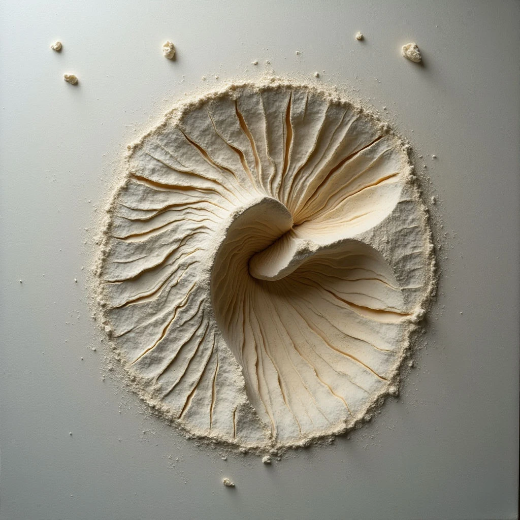 A swirling form, resembling a shell or tightly wound ribbon, rises from a flat, grey surface. The structure is made of a pale, textured material—likely dough or clay—with intricate folds and creases defining its shape. Scattered crumbs surround the central spiral, hinting at a process of creation or deconstruction.