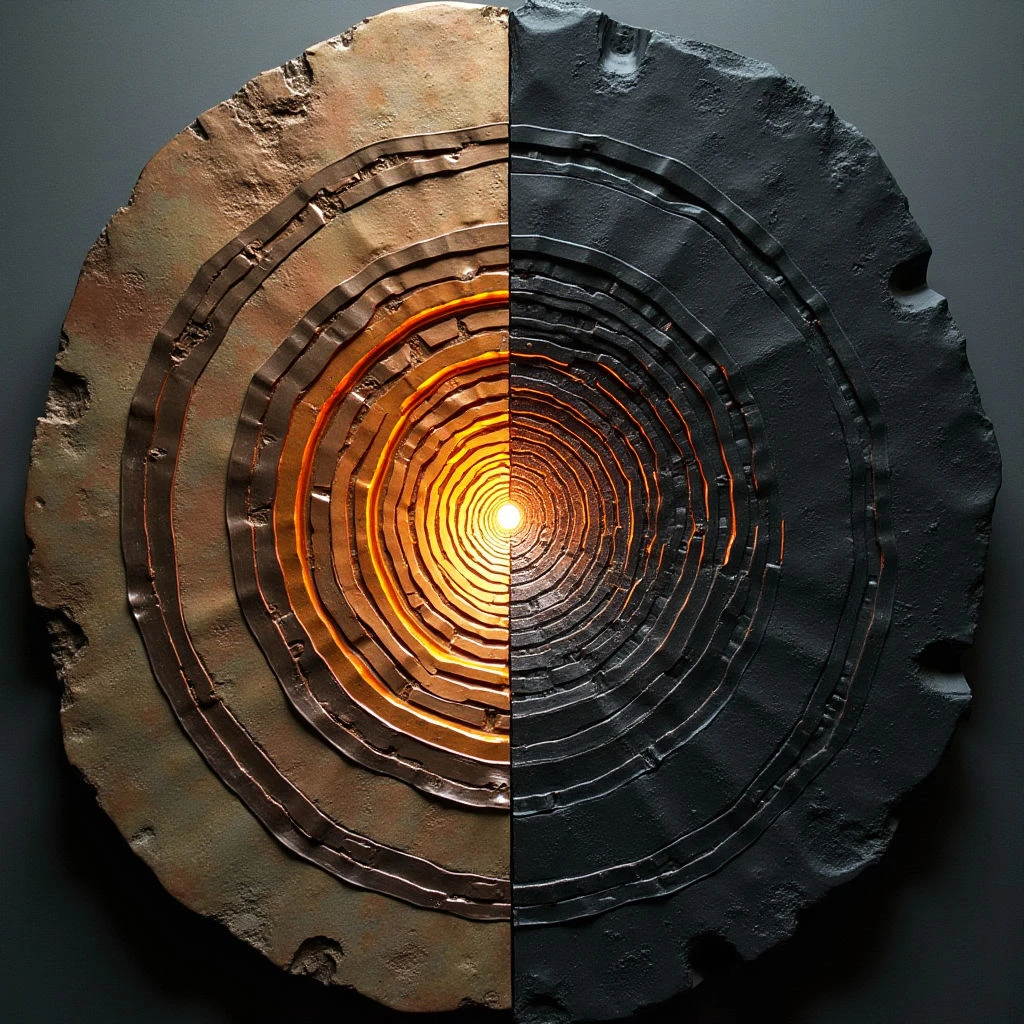 The image features a circular form bisected into contrasting halves of warm and cool tones—one side predominantly golden browns and oranges, the other dark gray to black. Concentric rings create a sense of depth that spirals inward towards a bright central point, with visible texture suggesting a rough, uneven surface across both sides. The piece is presented against a smooth, dark background, emphasizing its three-dimensional quality and casting subtle shadows around its irregular edges.