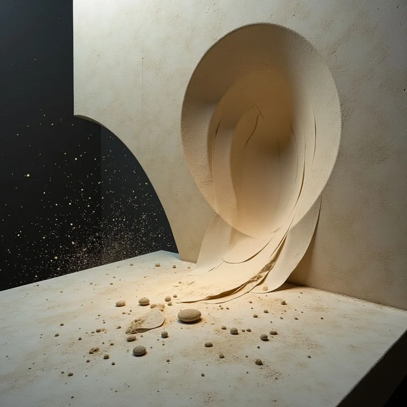 A pale, textured wall features a large circular opening from which layered sheets of the same material cascade downwards. Dust and small pebbles are scattered across the floor, suggesting recent breakage or erosion within the space. The scene is starkly lit with a focus on shadows and the delicate curves of the crumbling form.