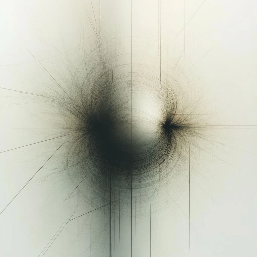 Dark, swirling masses flank a bright, central sphere on a pale background. Thin lines radiate outwards from the dark areas and converge towards the light, creating a sense of chaotic energy around a focal point. The overall effect is abstract and resembles a cosmic or cellular structure.