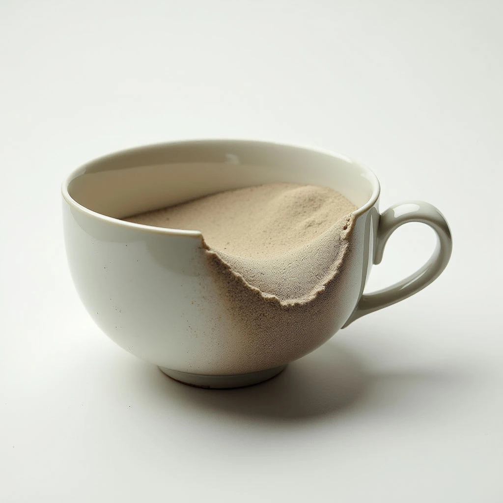 A pale green cup sits on a white surface, partially filled with tan sand. A large section of the cup's side has crumbled away, allowing the sand to spill outwards and onto the surrounding area. The remaining portion of the cup appears fragile and worn, contrasting with the granular texture of the loose sand.