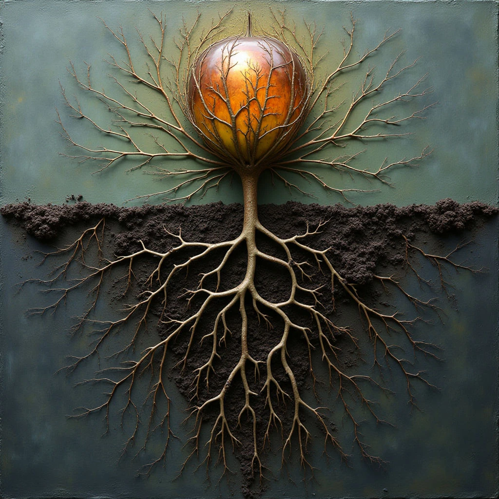The image features a central sphere of warm brown tones bisected by a horizontal band of dark earth against a teal background. Highly detailed branching root systems extend downwards from the sphere and horizontally across the background, contrasting with the smooth surface of the orb and rough texture of the soil. Light appears to emanate from within the sphere, creating highlights on its surface and casting subtle shadows throughout the composition, while spatial depth is suggested through layering and diminishing detail in the roots.