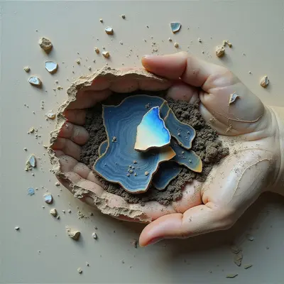The image features a pale hand cupping a hollowed-out space filled with dark brown granular material and fragments of blue pottery. Surrounding the hand are scattered shards of similarly colored pottery against a smooth, light beige background. Light appears to come from above, creating subtle shadows within the hollow and highlighting the textures of both the hand’s skin and the broken ceramic pieces.