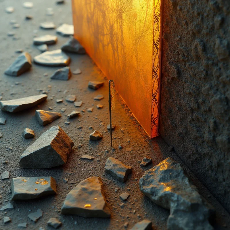 A glowing orange translucent panel stands adjacent to a dark, coarse-textured wall, casting a warm light across the ground. Scattered grey stones of various irregular shapes and sizes are spread across a dusty surface, creating a sense of depth through their varying distances from the foreground. The composition balances the smooth, luminous quality of the orange plane against the rough, matte textures of the rocks and masonry.