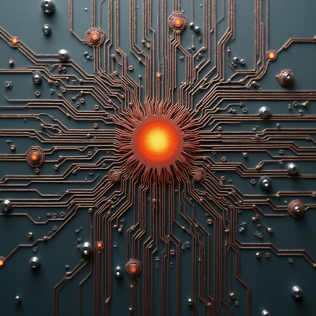 The image features a dark teal background overlaid with a network of thin, copper-colored lines resembling circuitry. Small spherical protrusions and glowing orange dots are scattered across the surface, concentrated around a central, brighter orange orb. Light appears to emanate from these points, creating subtle highlights and shadows that suggest depth within the planar arrangement.