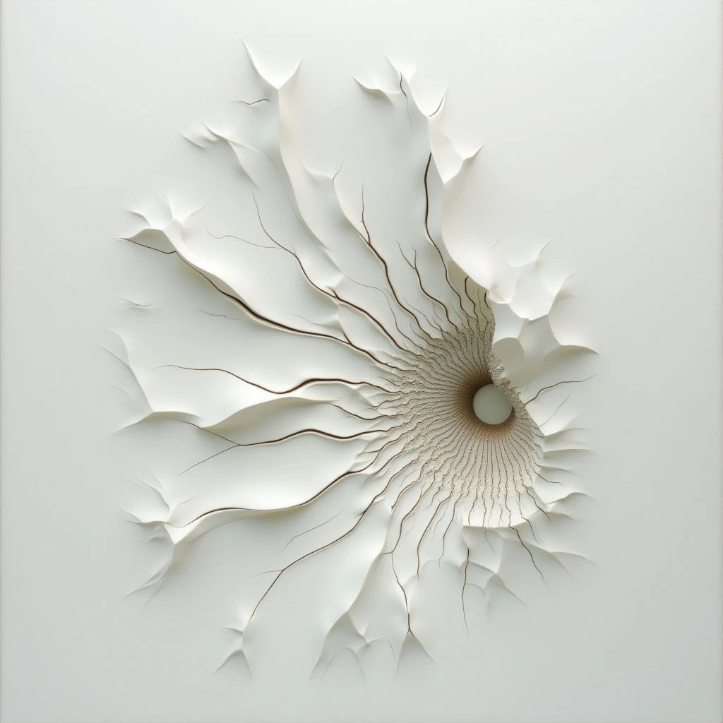 A pale, organic form bursts from a smooth white surface, resembling a fractured shell or blossoming flower. Delicate lines radiate outwards from a dark central point, tracing the cracks and folds of the emerging shape. The overall impression is one of growth, fragility, and subtle texture against a stark background.