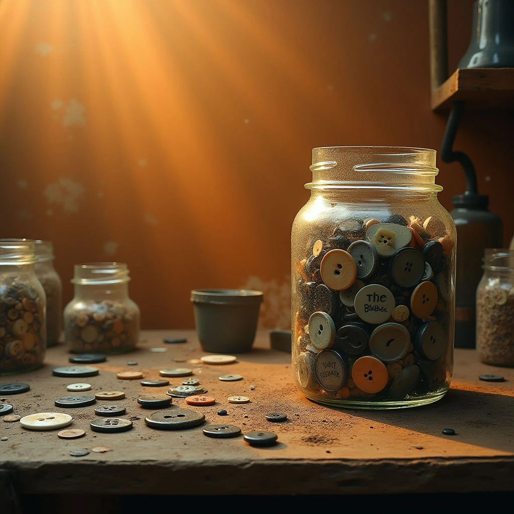 The scene is dominated by warm tones of brown and amber, with a focus on a glass jar filled with assorted buttons. A variety of button sizes, shapes, and colors—ranging from dark browns to lighter creams and hints of blue—create textural contrast against the smooth glass and rough wooden surface. Light appears to originate from above and behind the central jar, casting shadows and highlighting the reflective surfaces of both the buttons and surrounding containers, with spatial depth created by receding jars and scattered buttons on the table.